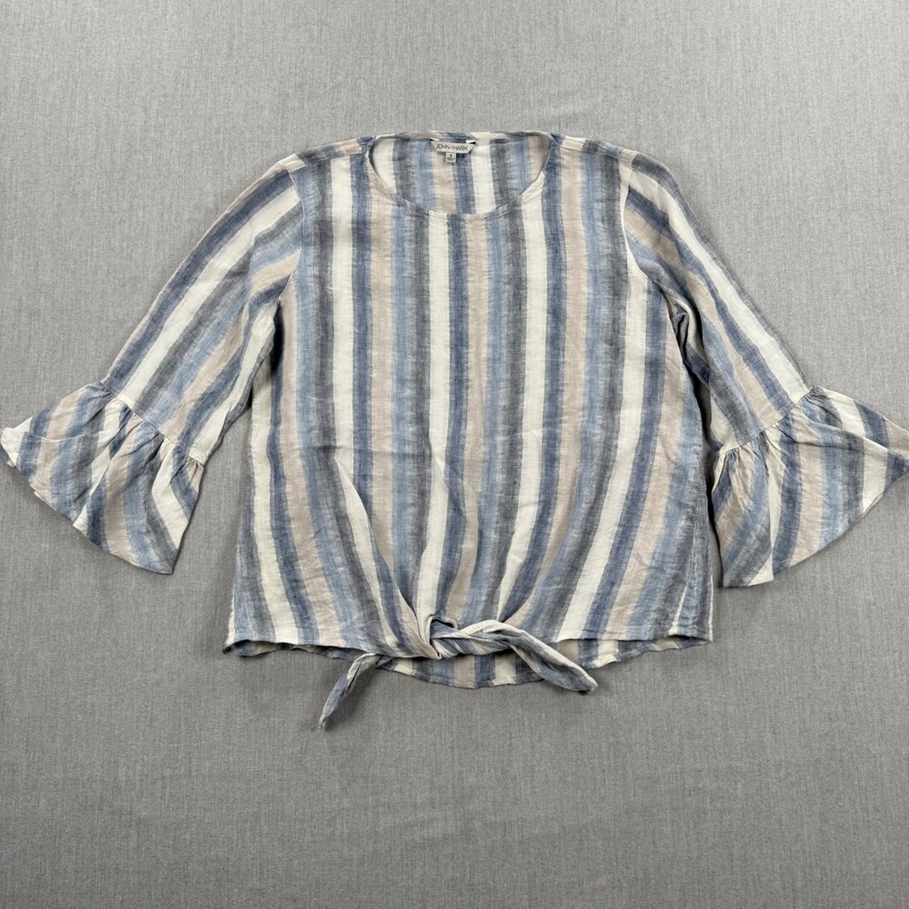 John Mark Blue Striped 100% Linen‎ Bell Sleeve Tie Front Top Small